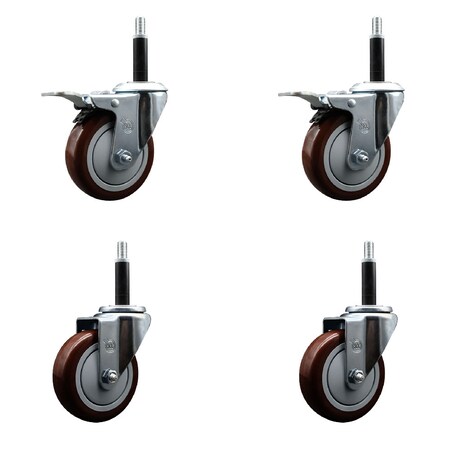 Service Caster 4'' Maroon Poly Swivel 3/4'' Expanding Stem Caster Set 2 Total Lock Brakes, 4PK SCC-EXTTL20S414-PPUB-MRN-2-S-2-34